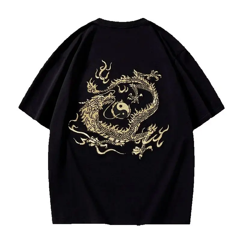 Men Dragon Embroidery T-Shirt Cotton Crew Neck Loose Oversize Casual Harajuku Couple Short Sleeve Top Tee