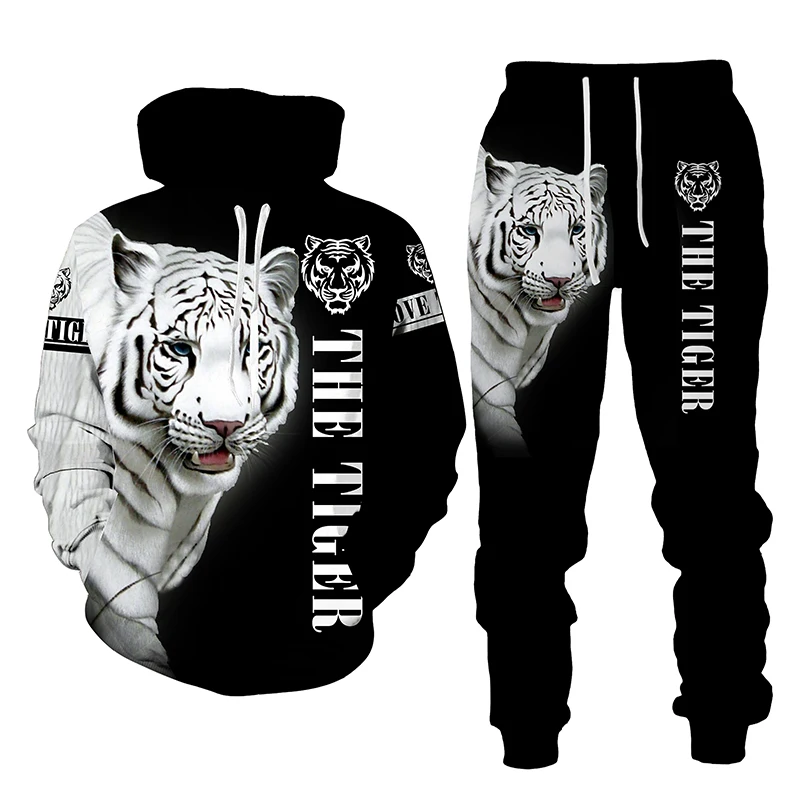 The Tiger 3D Printed Men\'s Hooded Sweatshirt Set Pants Men\'s Sportswear Tracksuit Long Sleeve Autumn Winter Men\'s Clothing Suit