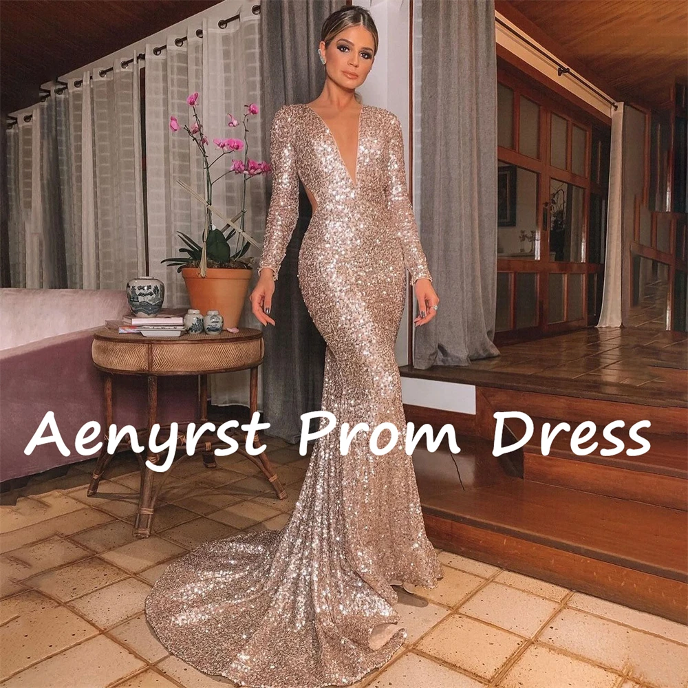 Aenyrst-vestidos de graduación con lentejuelas y cuello en V profundo, vestidos de noche ajustados de sirena brillantes, vestido de fiesta Formal largo hasta el suelo, mangas largas, Sexy