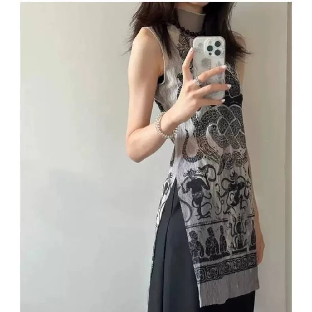 Summer Top 2025 Snake Pattern Mesh Women's Sleeveless Perspective Tight High Neck Tank Top Designer Fashion Top