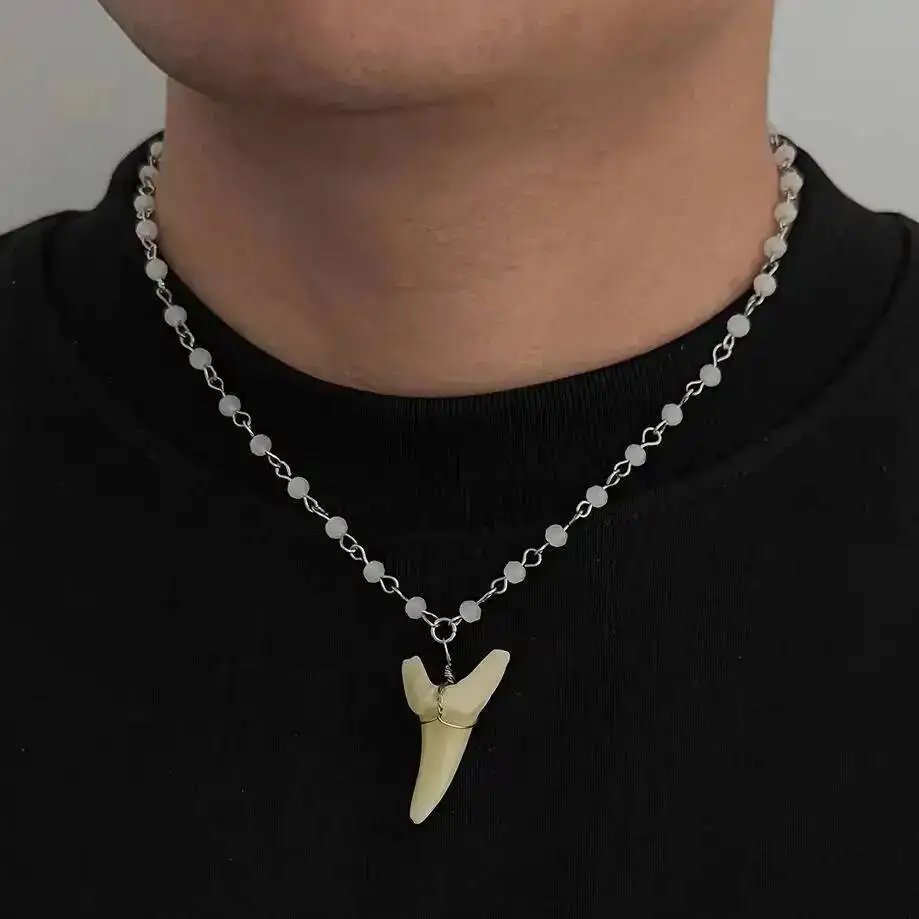 SHIXIN Vintage Exquisite Crystal Beaded Chain Shark Tooth Pendant Necklace Men Trendy Summer Beach Geometric Choker Neck Jewelry