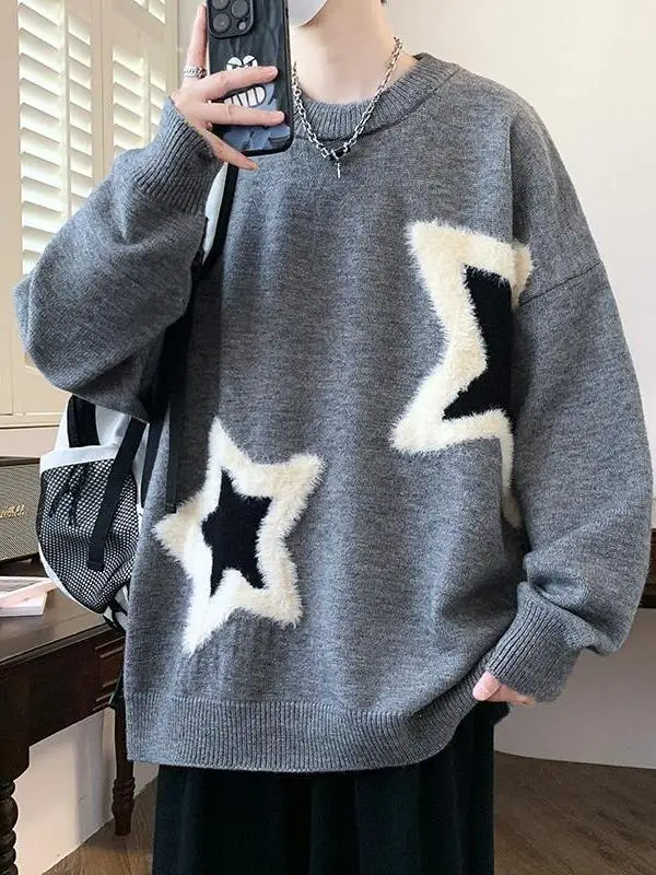 リラックスしたスタイルのメンズニットセーター秋冬ゆったり大きいサイズ中学生ベースシャツカジュアル快適クールマックスファイバー