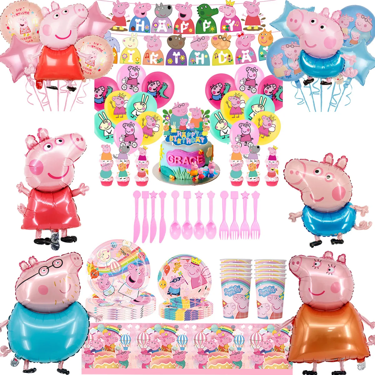 Peppa Pig Birthday Party Supply Foil Latex Balloon Banner Backdrop Disposable Tableware Plate Cup For Kid Event Supplies