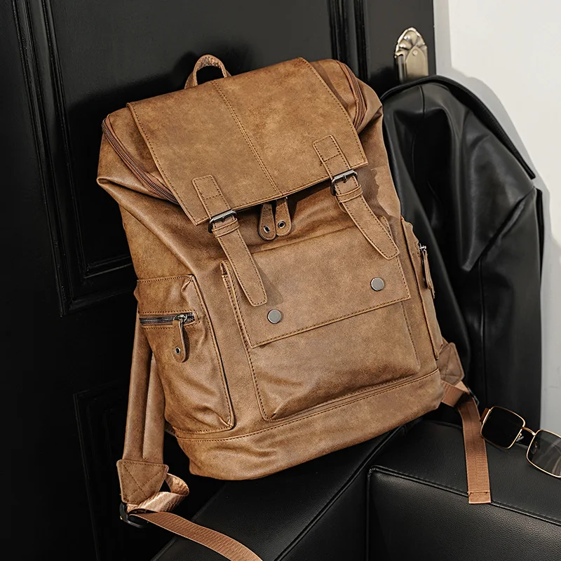 Men Outdoor Leather Backpack for Men Large Capacity Laptop Bag Trendy College Schoolbook Satchel for High School and University