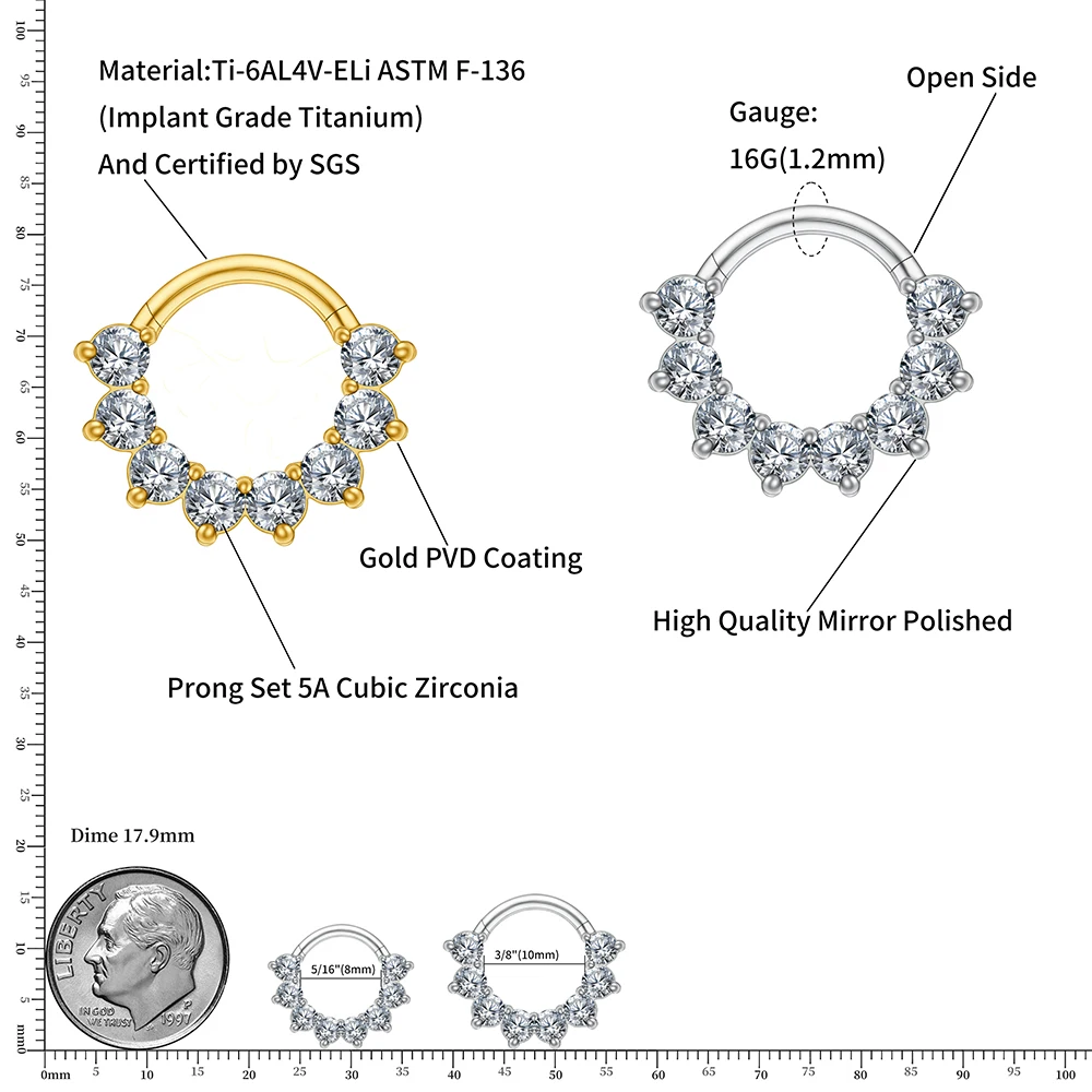 Right Grand ASTM F136 Titanium 16G Septum Clicker with CZ Hinged Segment Nose Ring Daith Hoop Earring Piercing Body Jewelry