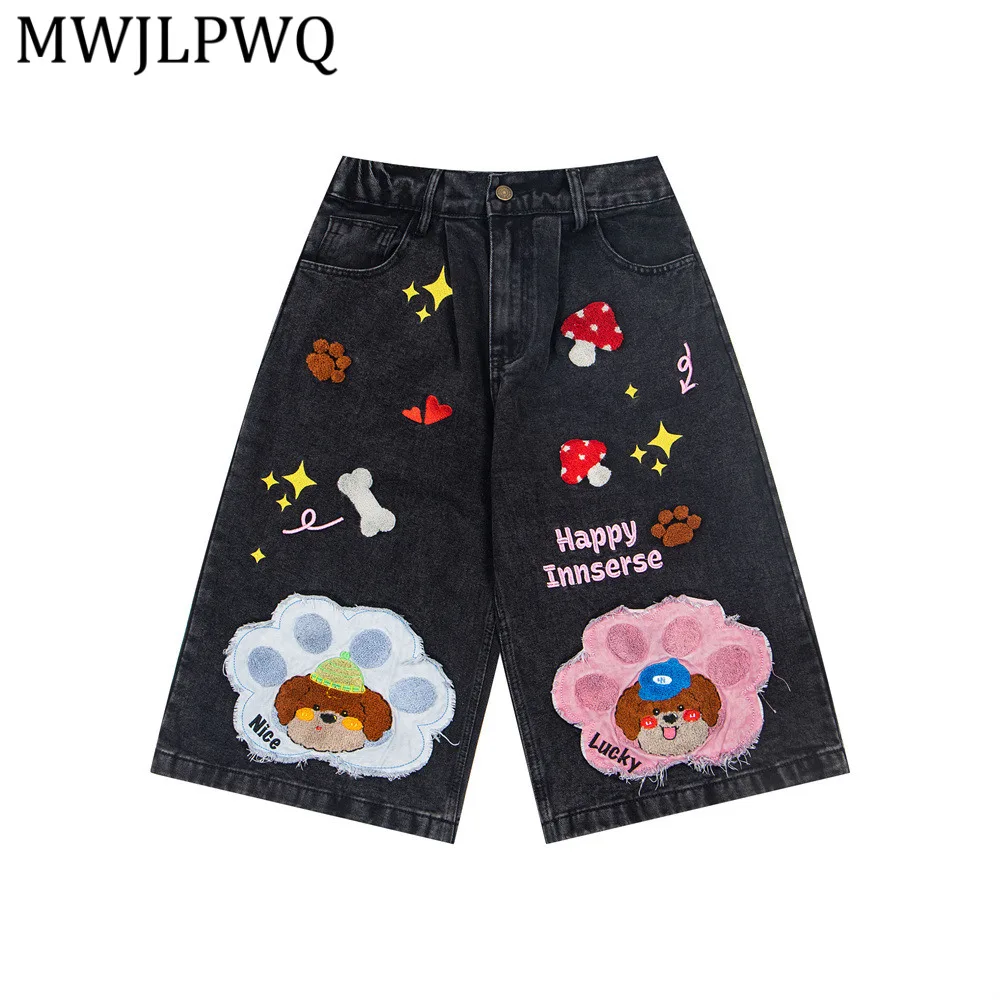 

MWJLPWQ Summer Vintage Washed Denim Pants For Men Heavy-Duty Patch Embroidery Spliced Loose Casual Wide-Leg Shorts Tide 14611