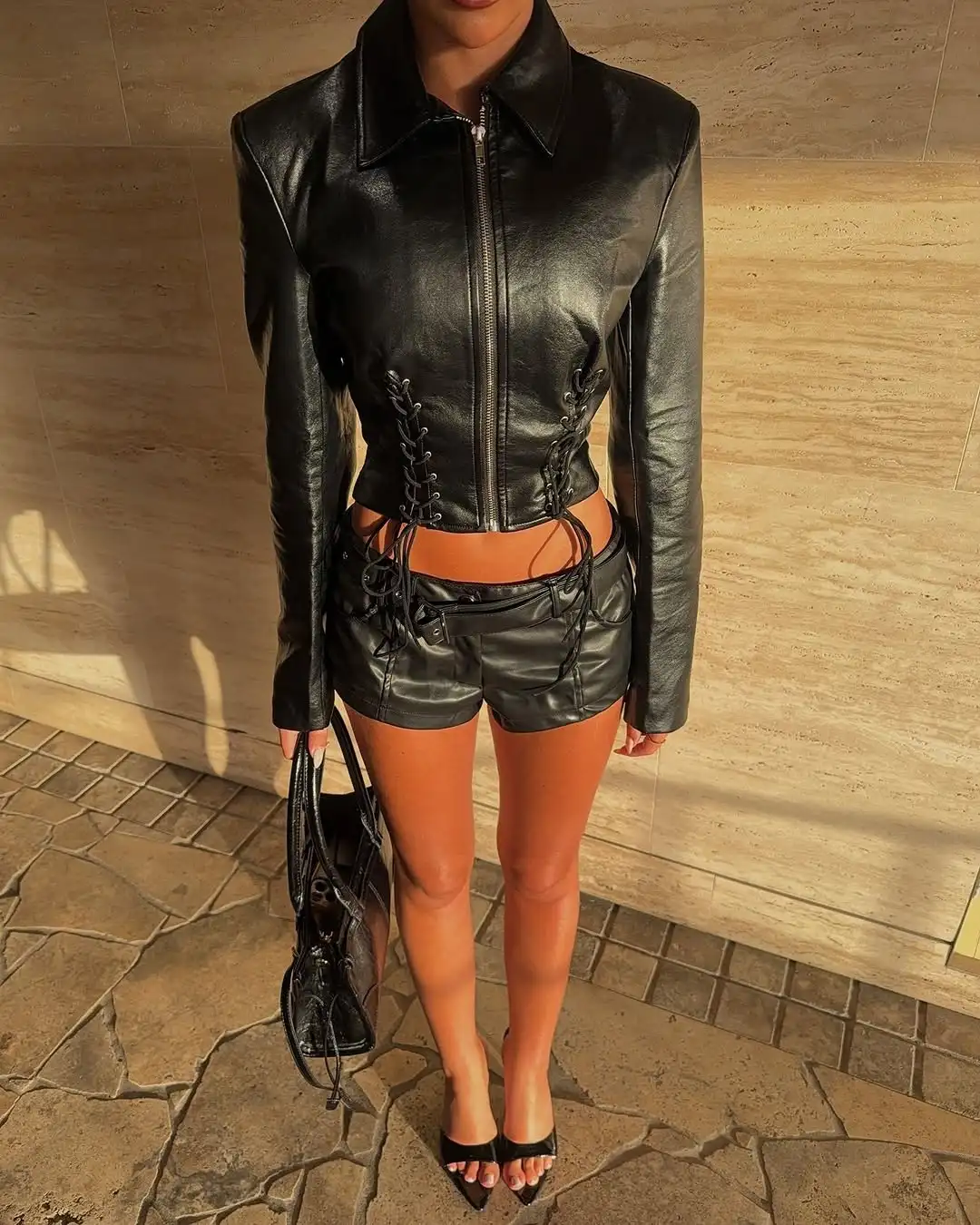 

Women Black Faux Leather Lace Up Jacket Shorts Set Sexy Slim 2 Piece Outfits Long Sleeve Zip Top Mini Short Party Streetwear