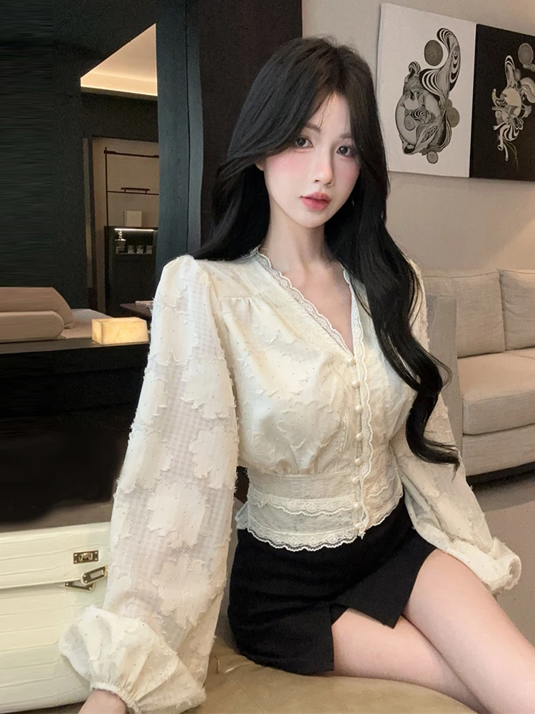 الخريف الدانتيل والتطريز الأزهار الخامس الرقبة بلوزة شيفون الأبيض المتخصصة مرونة الخصر نفخة الأكمام بلايز المرأة أنيقة الأسود مكتب العمل #3