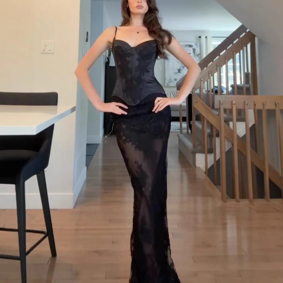 

Sexy Lace Splice Tube Top Strap Dr Women plus Size Early Autumn Fibone Waist Cinching Long Skirt Casual Wear