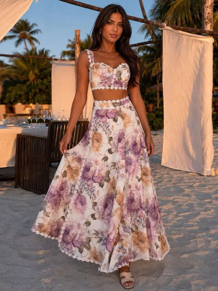 Elegant Flower Printed Women's Vest Skirts Suit Sleeveless Crop Top Long Skirt Lady Set 2026 Summer Autumn Female Outfits New
