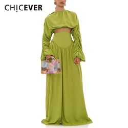 CHICEVER Temperament Pleated Women's Two Piece Set O Neck Long Sleeve Top High Waist Irregular Skirts Solid Evening Suit Female