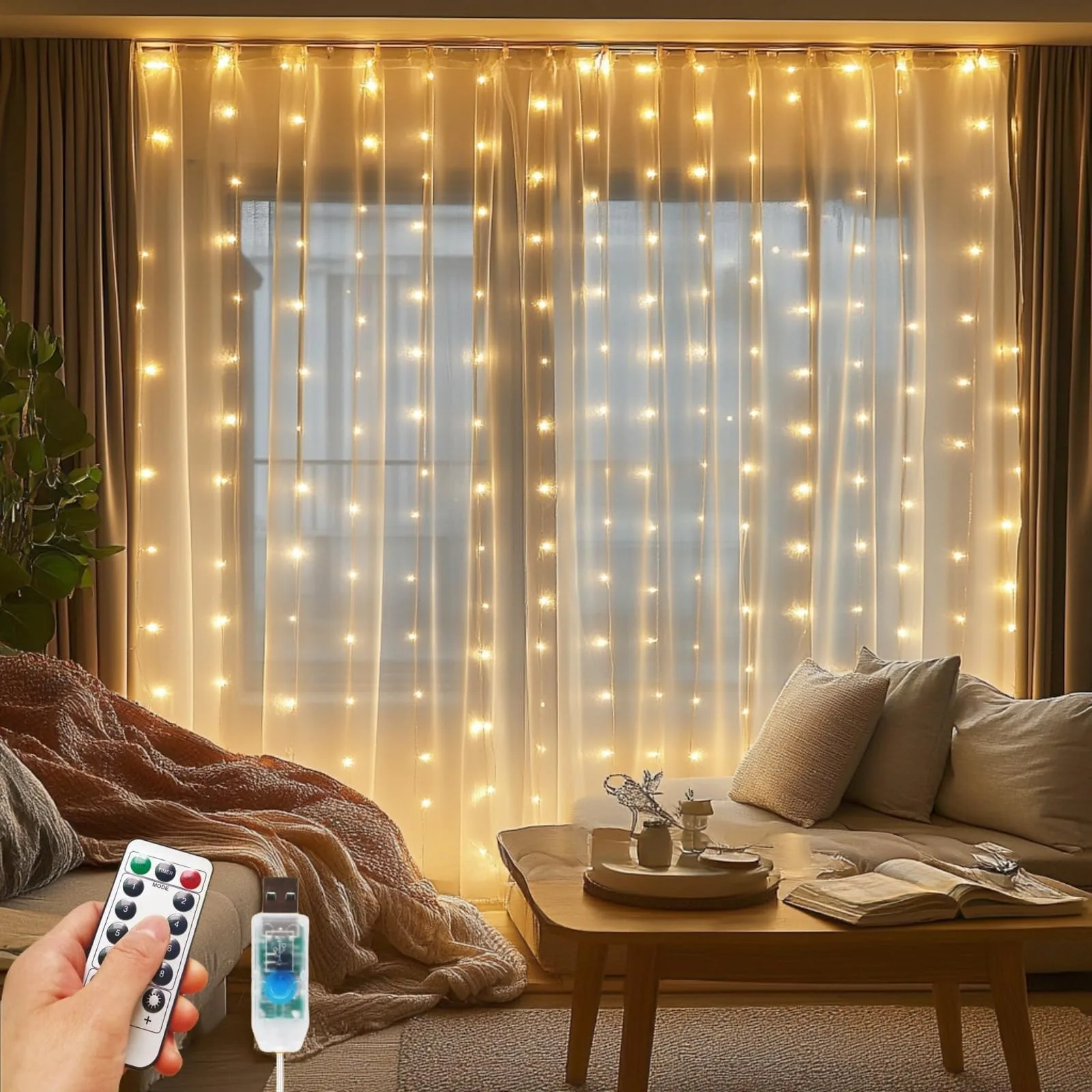 

300 LED USB Curtain String Light, 3m*3m Warm White Lamp, Room Decoration, Remote Control 8 Function Light, Garland Wedding