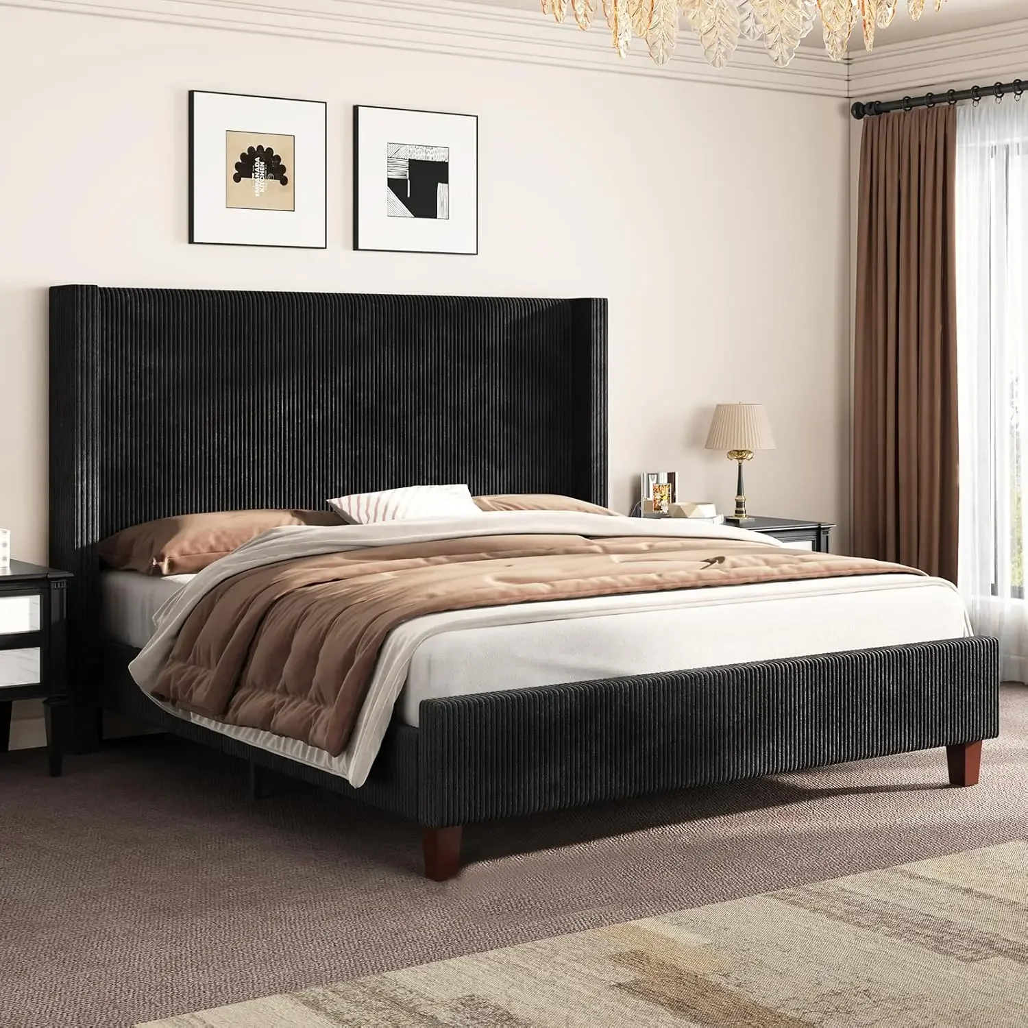 Queen Size Upholstered Bed Frame with Headboard, Wingback Platform Bed with Solid Wood Legs