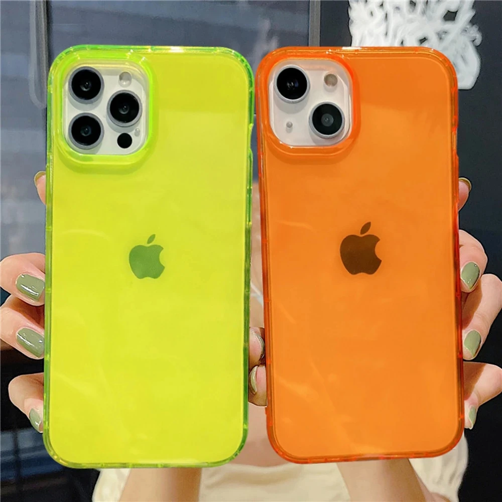 Ins Neon Fluorescent Color Clear Phone Case For iPhone 16 15 14 Pro Max 11 12 13 Pro Max XS 7 8 Plus Soft Shockproof Cover Coque