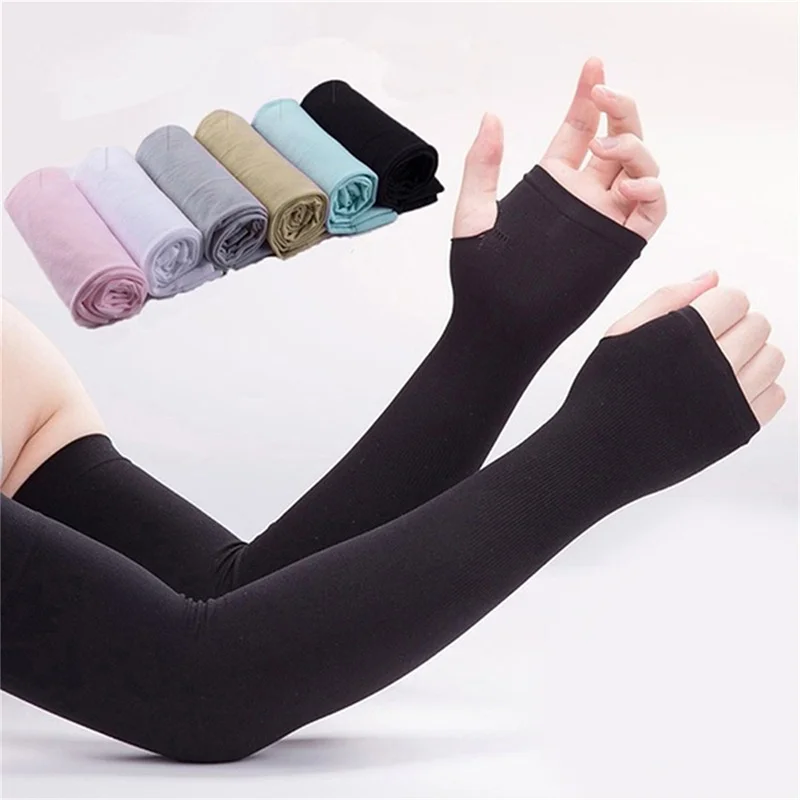 UV Solar Arm Sleeves Woman Men Cycling Fingerless Gloves Cool Muff Summer Ice Silk Elastic Arm Cover Driving Anti-Sunburn Sleeve