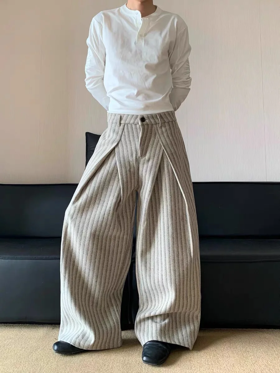 

American Retro Stripe Folded Deconstructed Casual Wide Leg Pants Men's Autumn Winter Versatile Cleanfit Woolen Pants