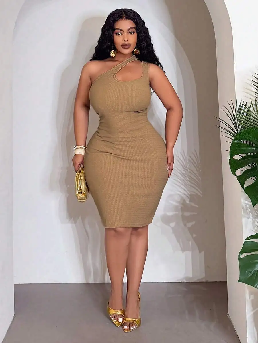 Veslaya Plus Size Women's Khaki Summer Classy Night Out Club One Shoulder Dress,Textured Ribbed Elastic Bodycon Mini