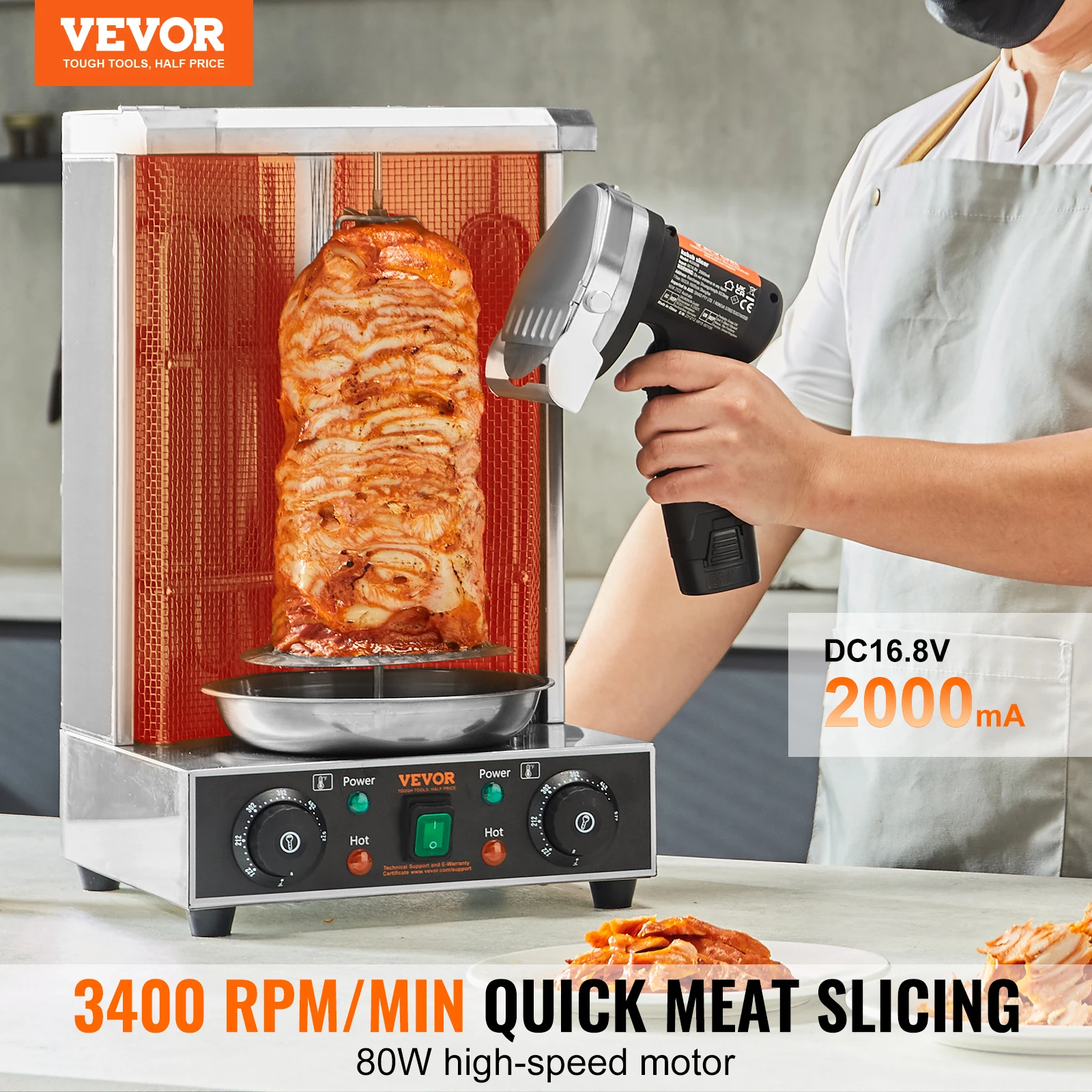 VEVOR Electric Shawarma Knife, Cordless Battery Professional Turkish Knife, Stainless Steel Gyro Cutter,Doner Kebab Meat Slicer