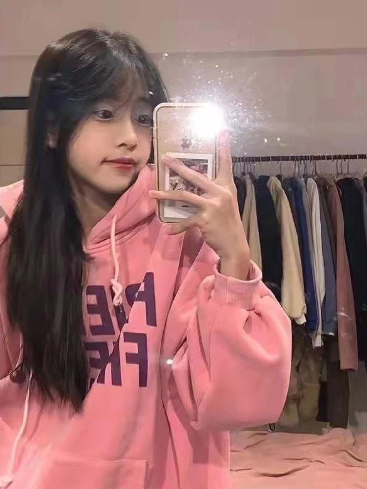 New Arrival Thickened Hooded Sweatshirt Women Milk Apricot Lazy Fit Autumn Jacket