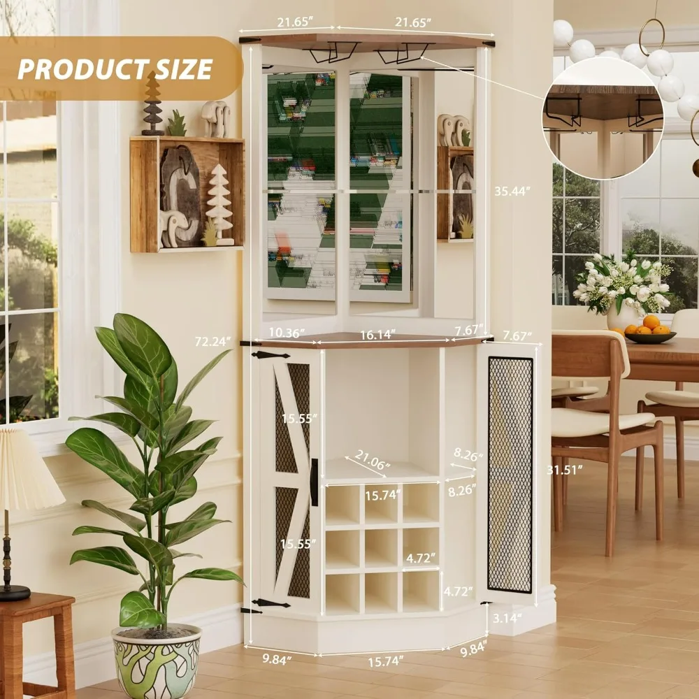 Farmhouse Corner Cabinet,Wood Freestanding Wine Bar with Storage and Wine Holder,Tall Hutch Cabinet for Home,Display Bar Cabinet