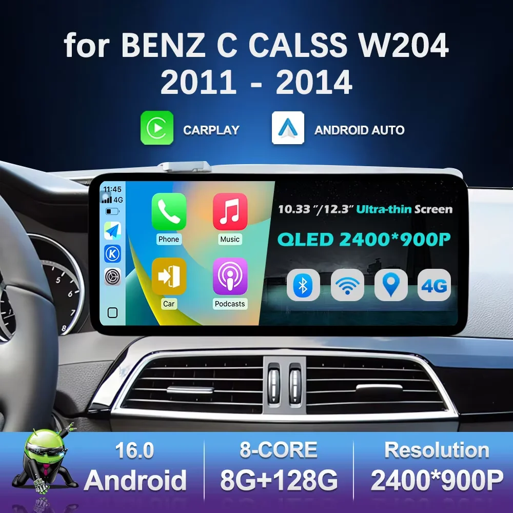 Carplay QLED Ultra-thin Screen Car Multimedia Radio Player for BENZ C CALSS W204 2011 - 2014 Navi GPS BT Android 16 Accessories