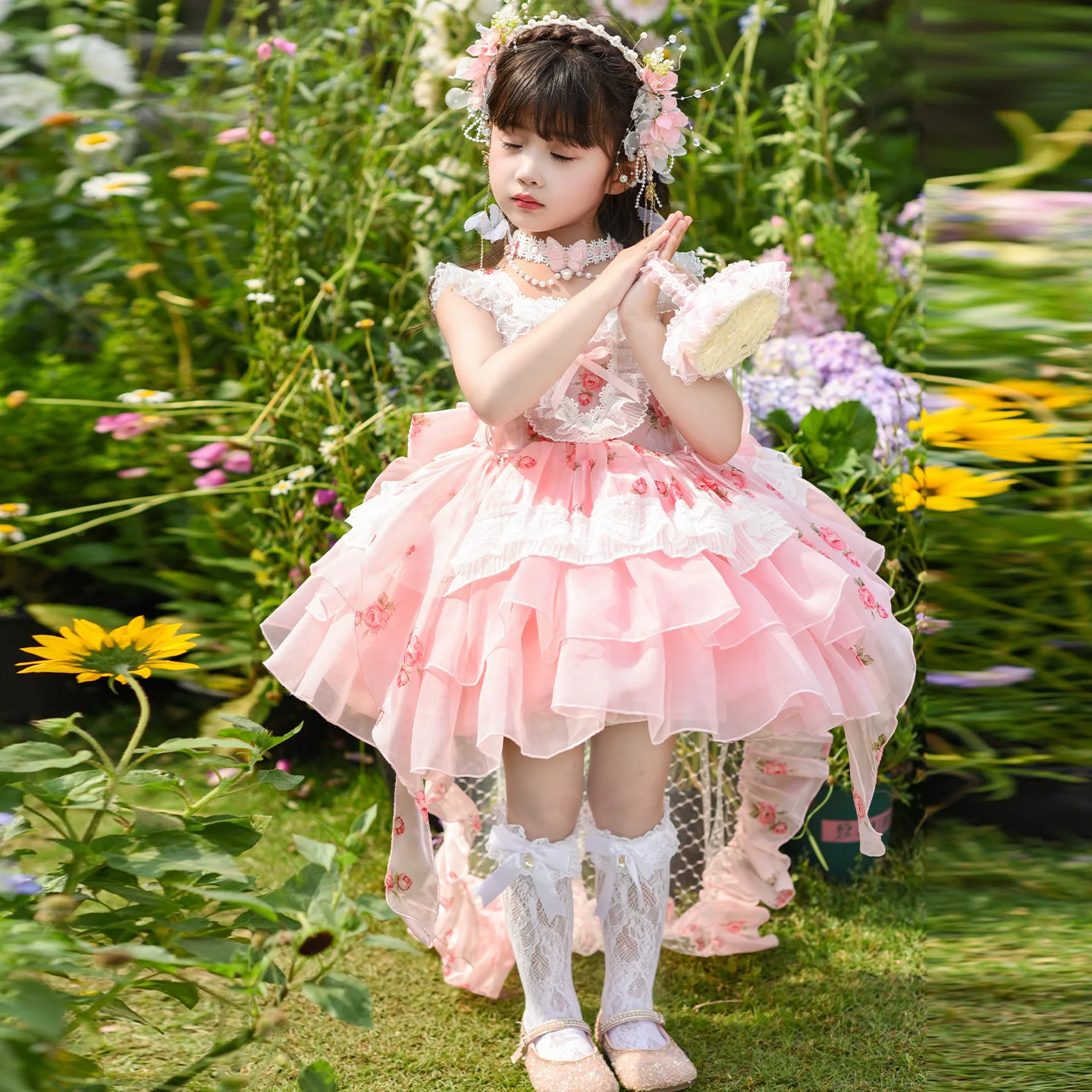 Custom Flower Girl Dress Wedding Gown Birthday Party Pageant Dress Lace Ruffle Floral Printed Tulle Lolita Dress For Girls فس
