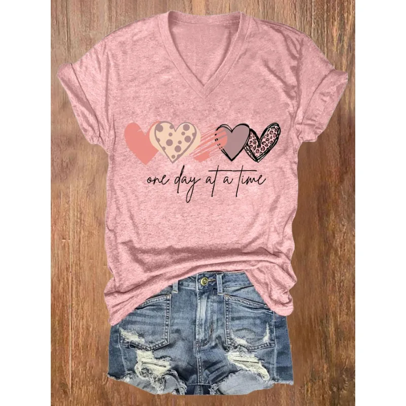 ilstile Women's Love Print T-Shirts Summer Short Sleeve Casual Loose V Neck Tops Tees White Pink Hot Sale