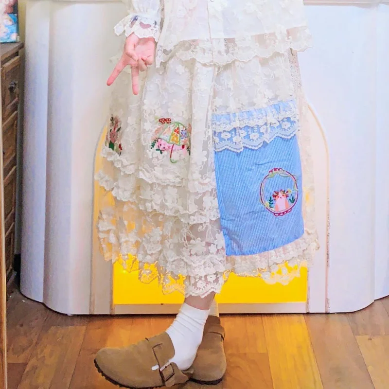 

Female Cotton Patchwork Ruffled Lace Cottagecore Victorian Rococo Midi Skirt Vintage Retro Chic Mori Girl Lolita Long Skirt
