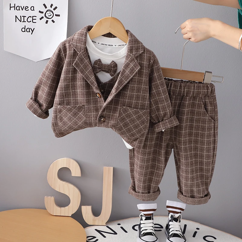 Children Clothing Spring Autumn Baby Boys Wear Infant Lapel Plaid T-Shirt Pants 3pcs/sets Toddler Casual Suit 0-5 Years