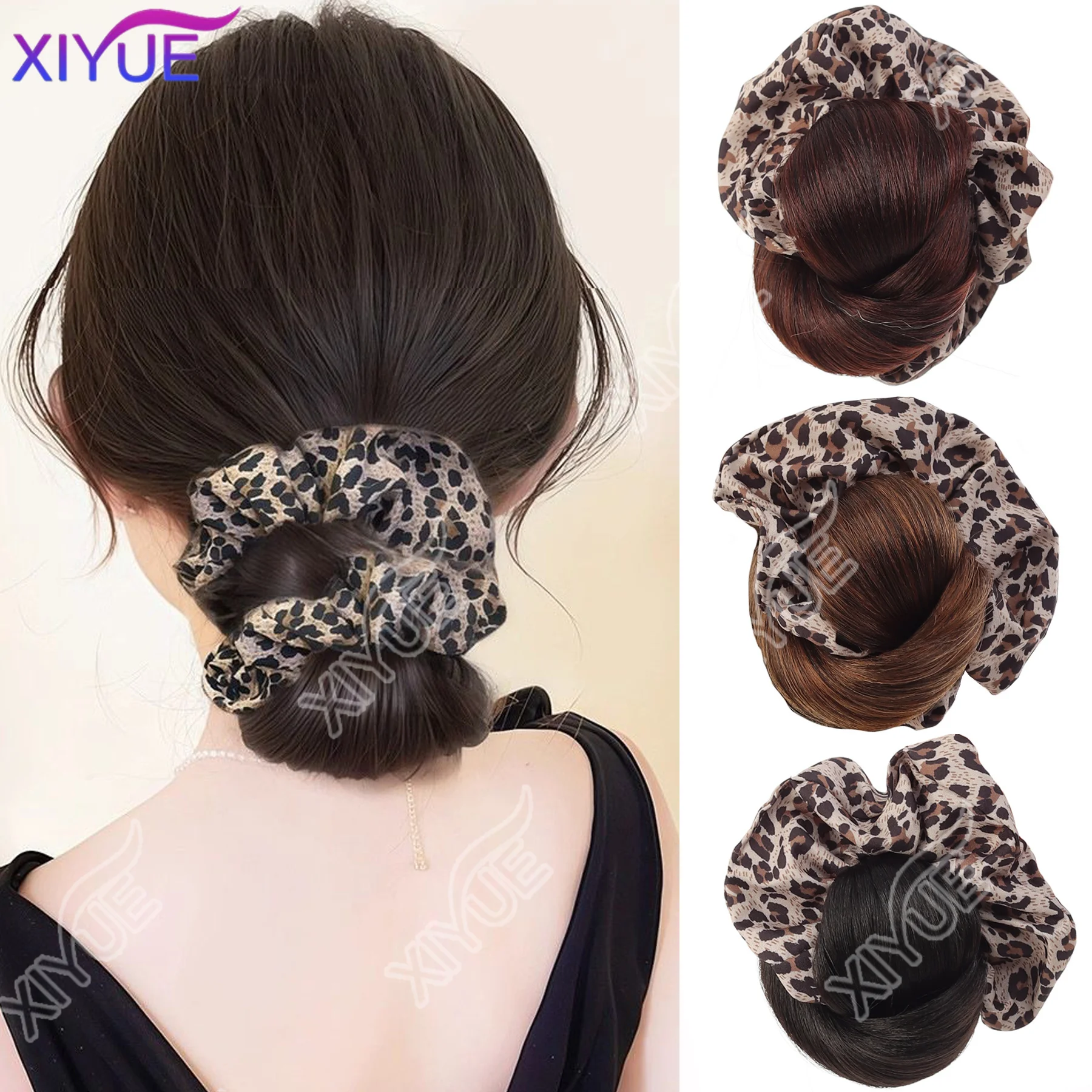 XIYUE New Synthetic Hair Bun Claw Clip with Hair Tie Leopard Print Bun Head Wig Brown Fluffy Hairpiece Hair Accessories