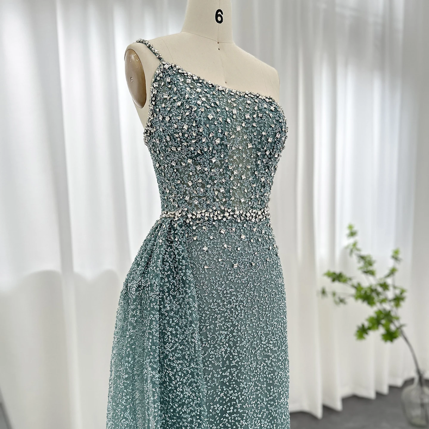 Sharon Said Sparkly Crystal Turquoise Een Schouder Zeemeermin Avondjurken met Overrok Bruiloft Jurken SS698 Aangepast