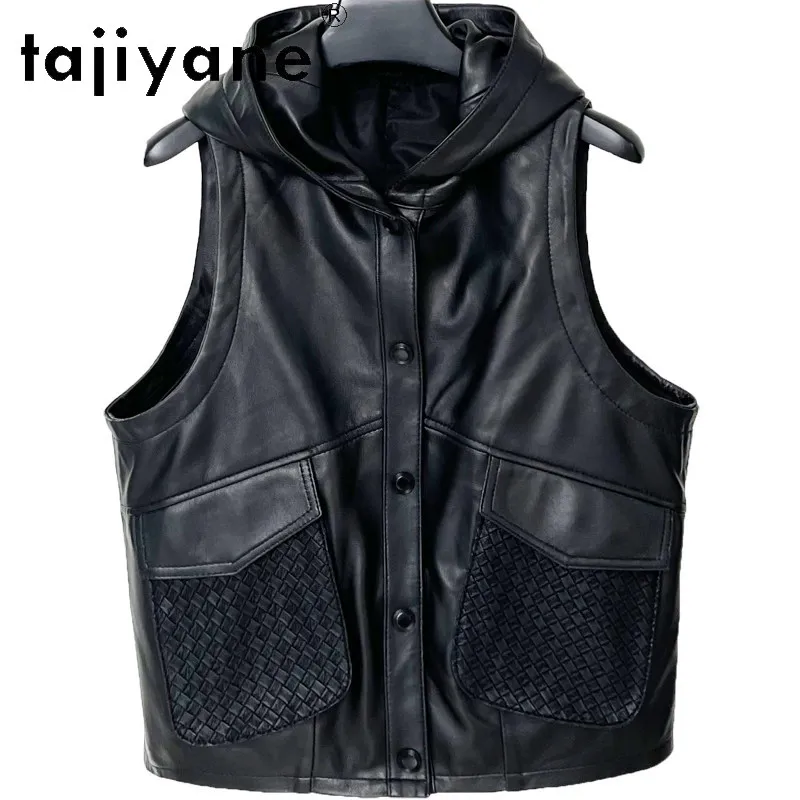 

TAJIYANE Real Leather Jacket Women Vest Hooded Coat Short Veste Femme Sheepskin Motorcycle Jackets for Woman Jacket Chic Jaqueta