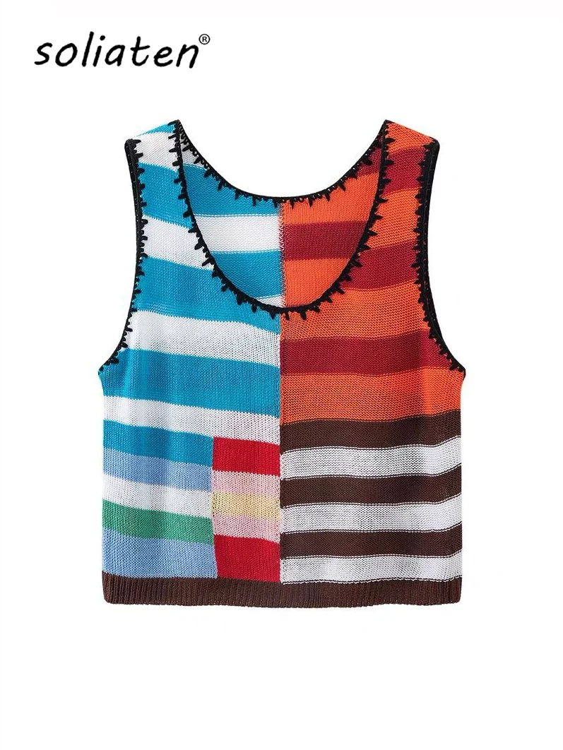 2025 Summer New Rainbow Striped Knitted Vest Brand Designer Color Block Patchwork Sleeveless Knit Tops B-067