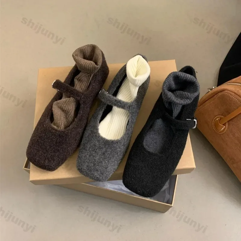New 2024 Fashion Square Toe Fleece Flet Ballet Flats Woman Autumn Winter Warm Wool Mary Jane Shoes Ladies Elegant Plush Loafers