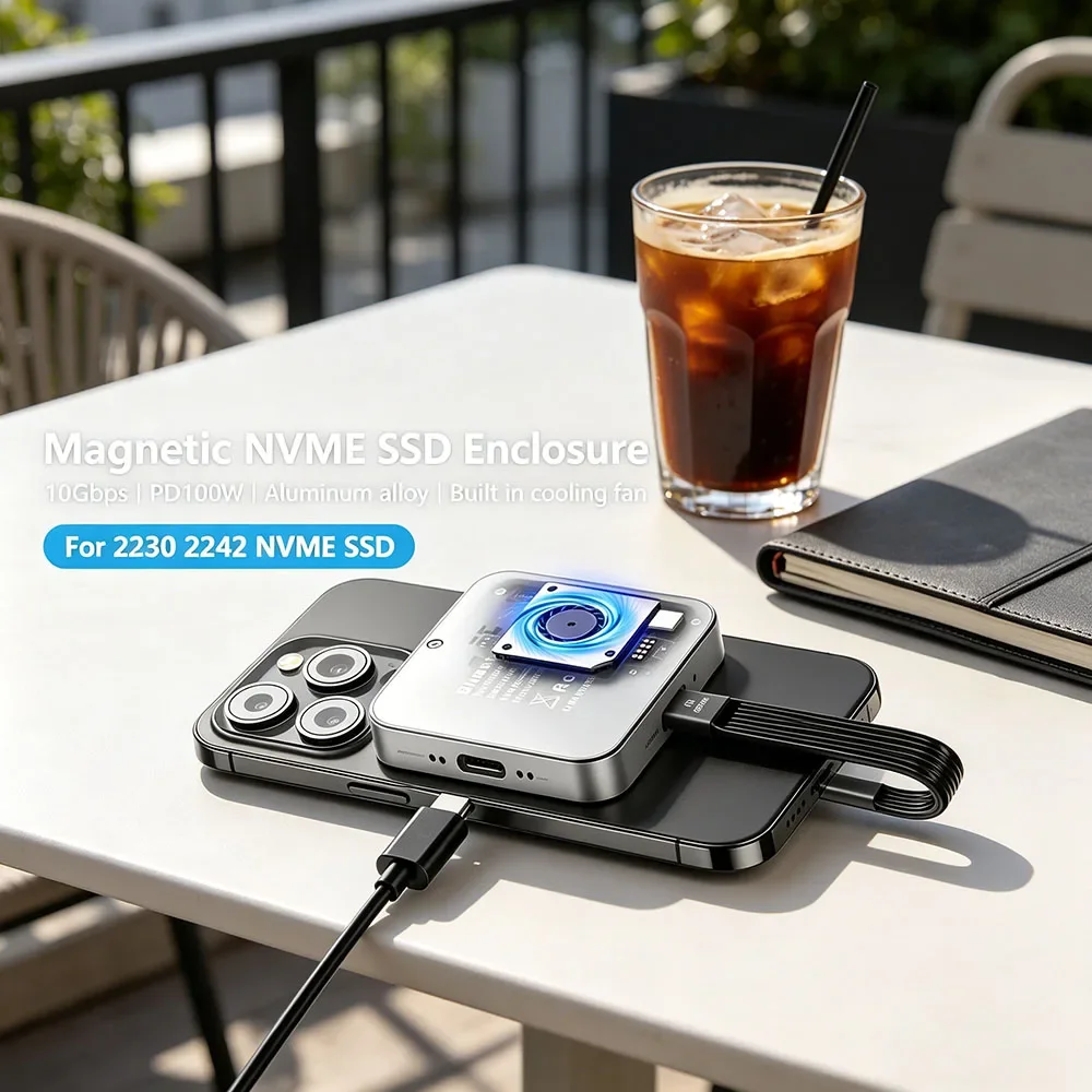 

Top Grade Magnetic NVMe PCIE SSD Case M2 2230 2242 SSD Enclosure Built In Cooling Fan 100W PD Charging Type C For Iphone Mac