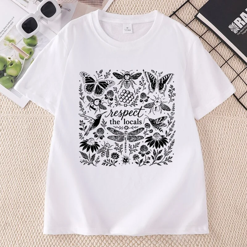 Respect The Locals T-Shirt for Men Women Save The Bees Tee Nature Lover Butterfly Gardener Printed T Shirts Woman Clothing
