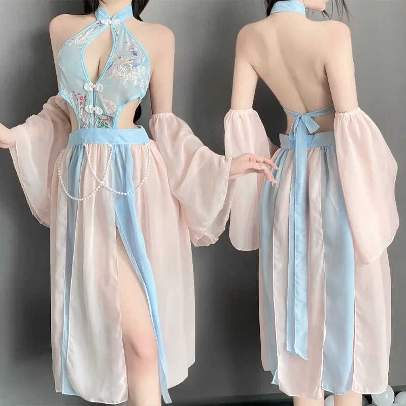 Sexy Classical Cheongsam Cosplay Costume Erotic Dresses See-through Outfit for Women Elegant Blue Chinese Antique-Style Lingerie