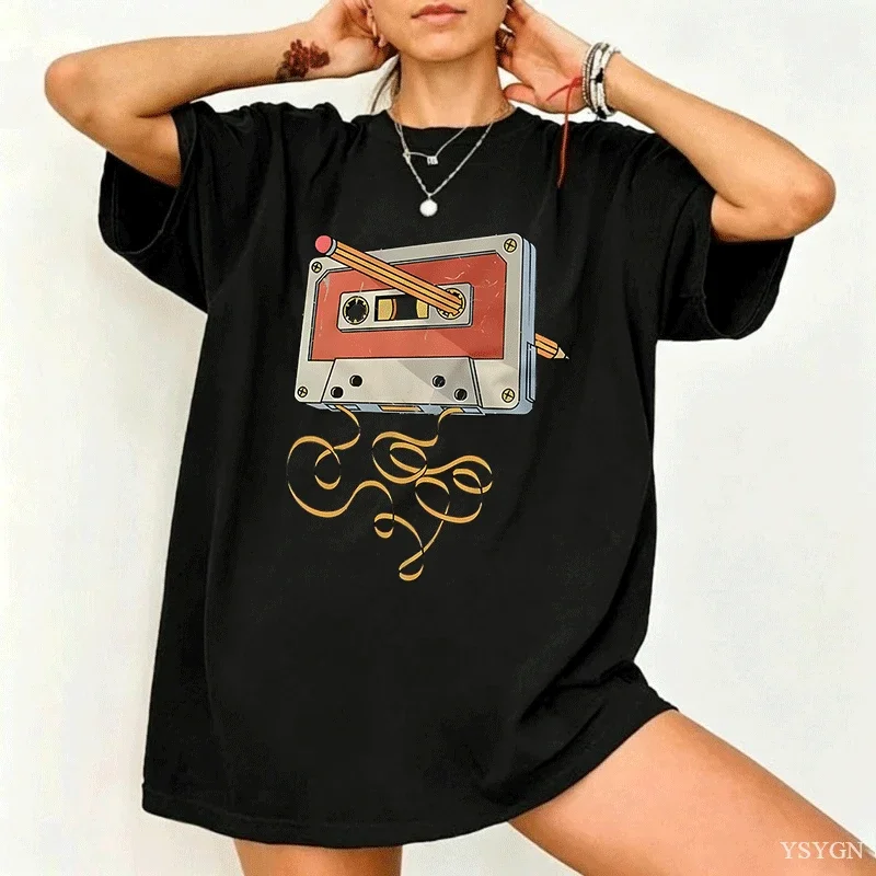 Casual Short-sleeved T-shirts Printed with Cassette Tape Designs From The 80s 90s Featuring 80s Music Retro and Harajuku Style