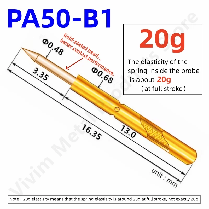 20/100 szt. PA50-B1 20g sonda testowa sprężynowa szpilka Pogo Pin P50-B1 P50-B narzędzie testowe PCB 0.48/0.68/16.35mm złota igła ostra końcówka