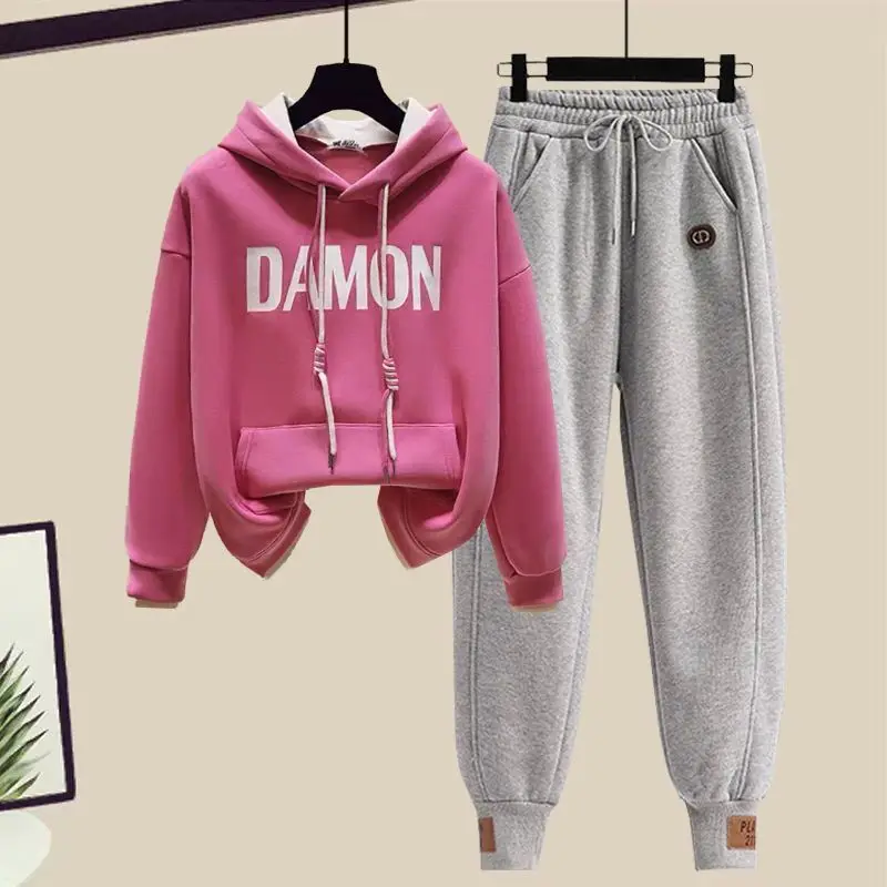 Spring and Autumn Set Women's New Fashion Age Reducing Leave Two Piece Hooded Top Casual Sports Pants Two Piece Set