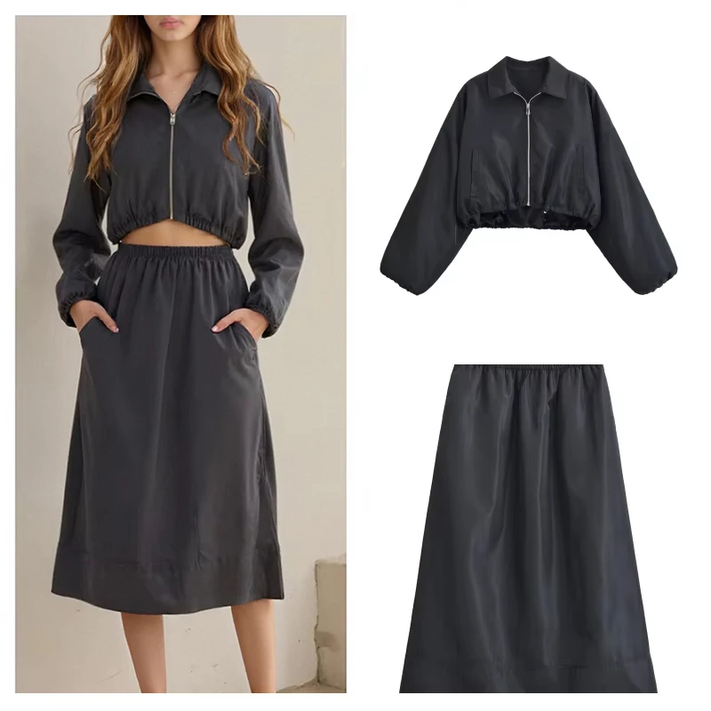 

Casual Loose Short Jacket Women Fashion Turn-down Collar Long Sleeves Zipper Jackets Coat 2025 New Autumn Solid Cropped Coats