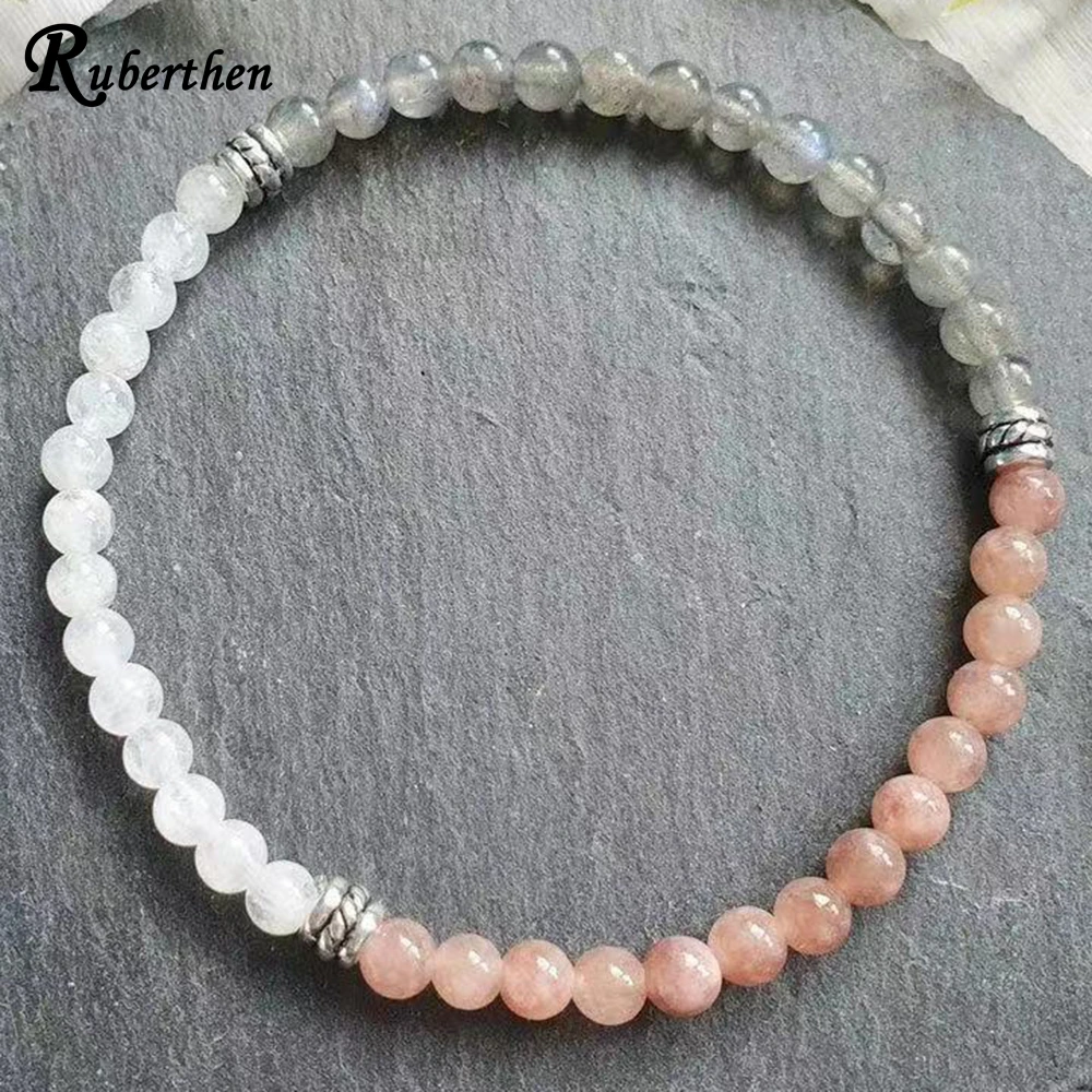 Ruberthen 4 MM Peach Sunstone Labradorite Moonstone Mix Bracelet Stretch Healing Crystals Bracelet Anxiety Relief Protect