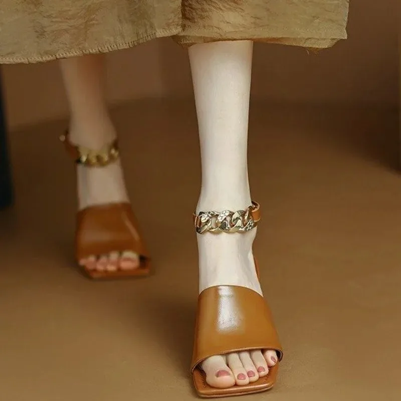 Women's Square Toe Block Heel Sandals, Ankle Strap with Gold Chain, Nude Open Toe Mid Heel Dress Shoes for Ladies view 4