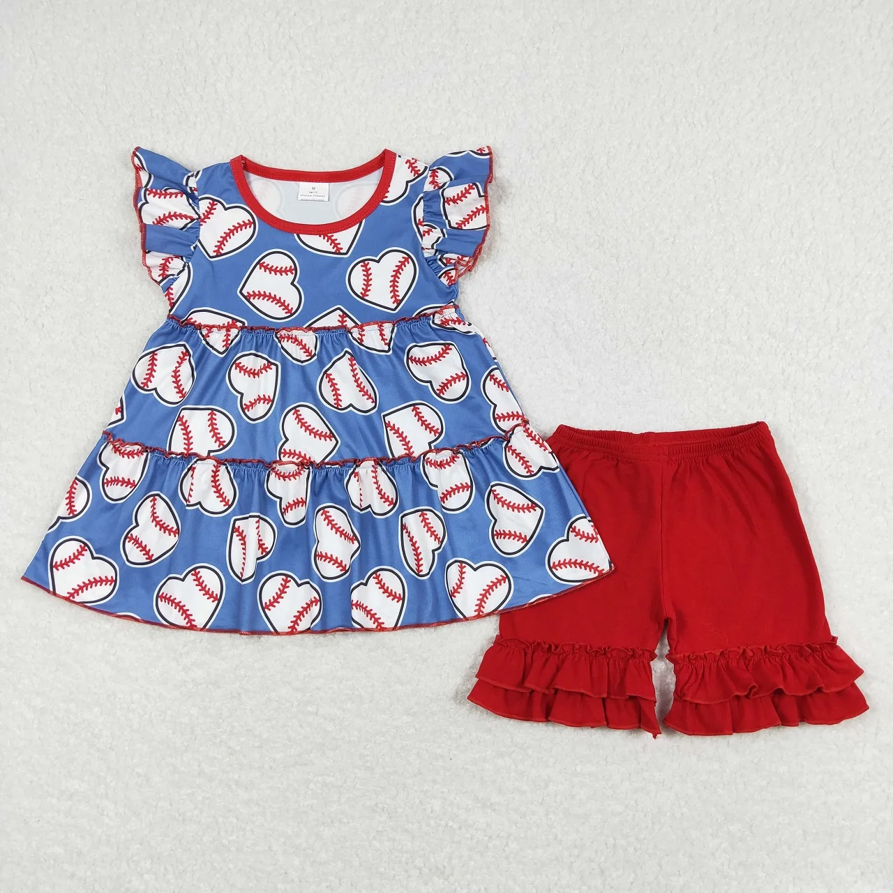 

Wholesale Boutique Baby Girl Set Toddler Ball Short Sleeves Baseball Hearts Tunic Kids Ruffle Red Shorts Children Summer Outfit