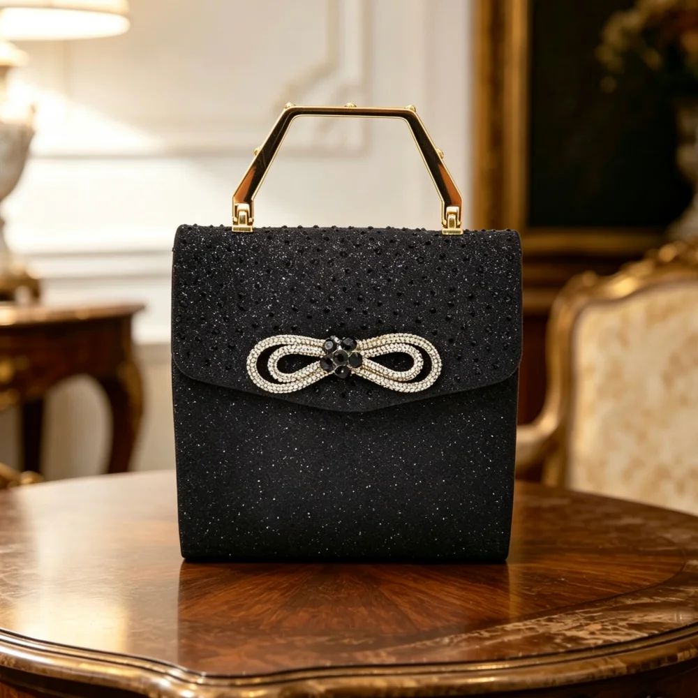Luxuriöse Designer-Abendtasche für Damen mit Schleife, Wasserdiamanten und Kristallen – Modische Diamant-Handtasche für Partys – Detail 11