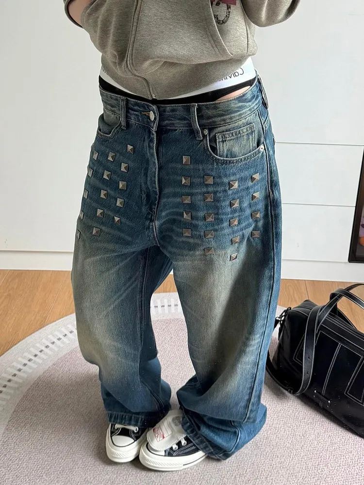 Lady American Retro Style Rivet Designer Jeans High Street Loose Denim Pants Wide Leg Pant Mid Waist Full Length Casual Trousers