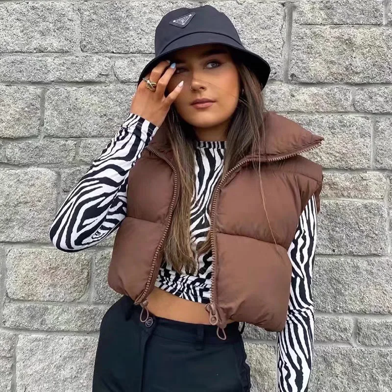Autumn And Winter Women's Short Cotton Down Vest Short Stand-up Collar Warm Sleeveless Quilted Vest Outdoor Travel Jacket Tops