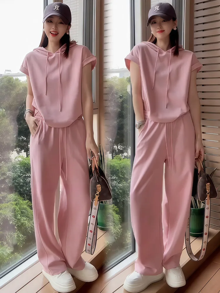 Leisure Suit Women's Spring and Summer New Style Hooded Short Sleeved Top Wide Leg Pants Two-piece Set