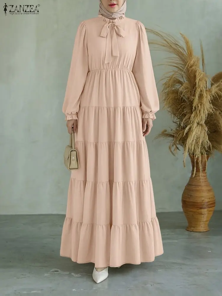 

ZANZEA Скромный элегантный хиджаб женские длинные платья повседневное платье с бантом и рюшами отделкой с длинными рукавами многоуровневое платье трапециевидной формы мусульманское Ид Абая