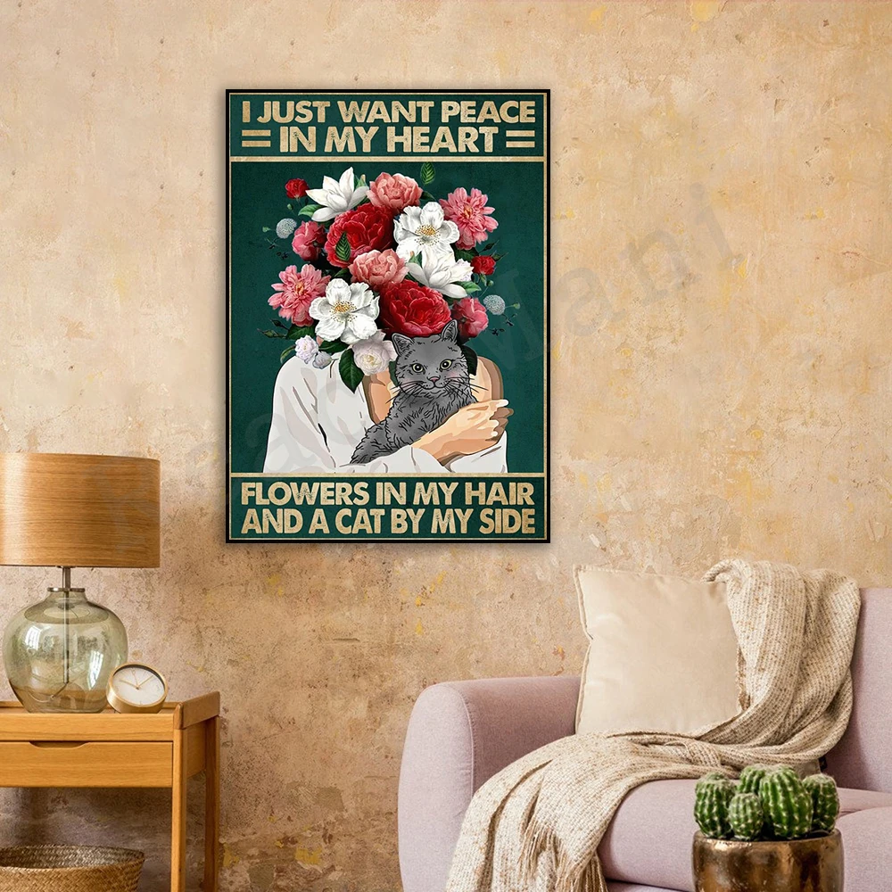 I just want peace of mind. Flowers in my hair and cats on the wall Art deco posters, floral prints, gifts for cat lovers